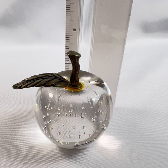 Clear Glass Apple Vintage Paperweight Bullicante Bubbles & Brass Stem 2.25x2.50 - Picture 8 of 9